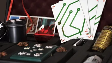 Board game pieces with cryptic cards.