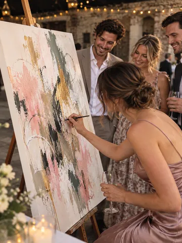 Woman paints abstract art at outdoor event.