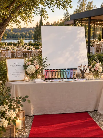 Kunsttisch unter Bäumen mit Farben und Leinwand.