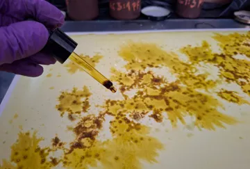 Hand dropping liquid onto yellowed paper.