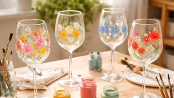 Weingläser mit Blumenmalereien auf Tisch.