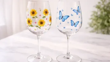 Two wine glasses with floral and butterfly designs.