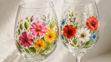 Gläser mit bunten Blumen bemalt, weiches Licht.