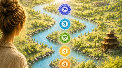 Frau überblickt Fluss mit Chakra-Symbolen.