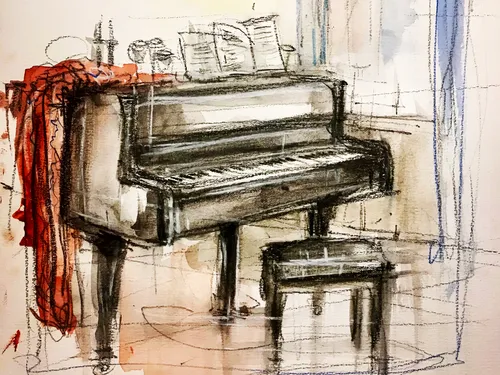 Schwarz-weißen Klavier spielt, umgeben von einem gemütlichen Raum.