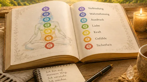 Buch zeigt Chakra-Illustration auf Tisch.