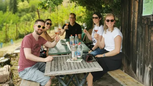 Gruppe stößt mit Getränken am Außentisch an.