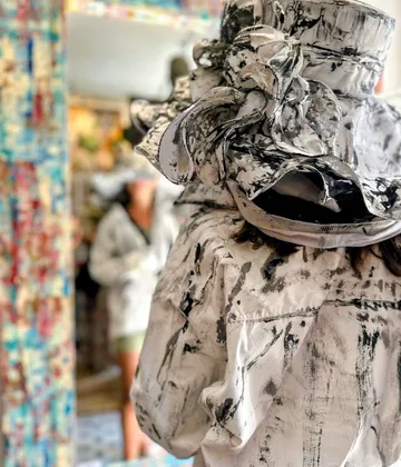Person wearing abstract painted jacket indoors.
