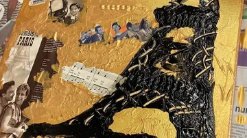Collage with gold texture and black stripes.