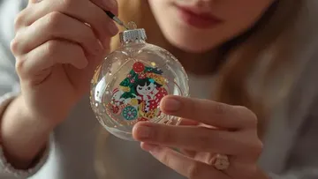 Person decorating Christmas glass ornament indoors.