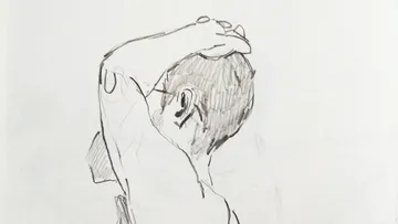 Sketch of person with hand on head.