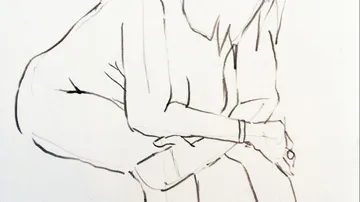 Sketch of person crouching on ground.