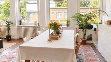 Dining table with plants in bright room.