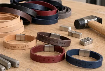 Lederarmbänder mit Text auf Holztisch.