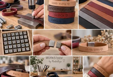 Leather bracelets with engraved words on table.