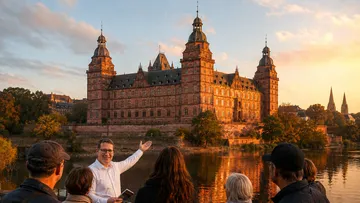Man giving tour in front of large castle