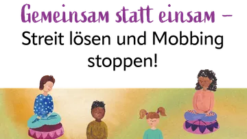 Kinder meditieren zusammen auf bunten Kissen.
