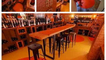 Wine bottles displayed in a tasting room.