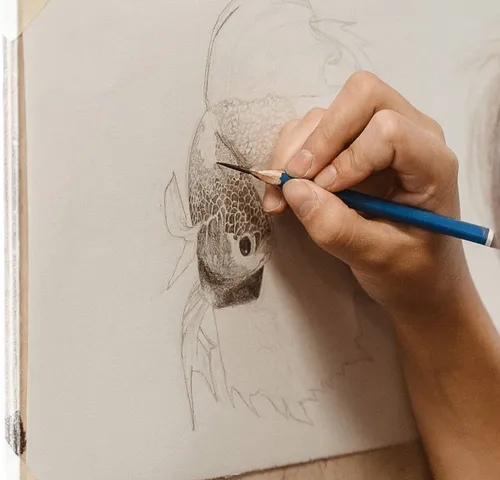 Hand zeichnet Fisch mit Bleistift auf Papier.
