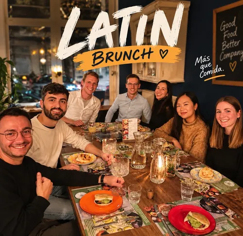 Group enjoying brunch in cozy restaurant.