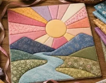 Farbenfrohe Steppdecke zeigt Sonnenaufgang über Bergen.