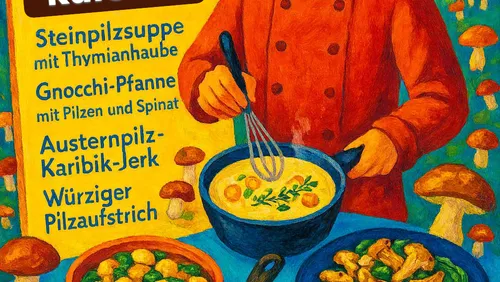 Koch rührt Suppe in rustikaler Küche.
