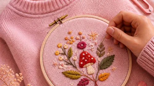 Hand embroidering floral design on pink fabric.