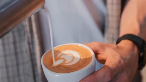 Barista pouring latte art in cup.