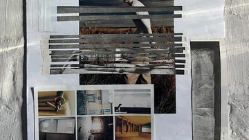 Collage aus geschnittenen Fotos an Strukturwand.