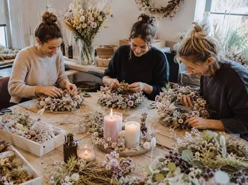 Frauen basteln Blumenkränze in Werkstatt.