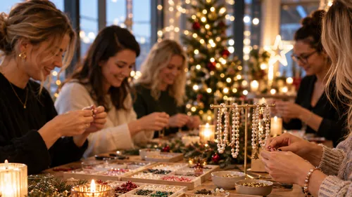 Frauen basteln Schmuck an festlichem Tisch.