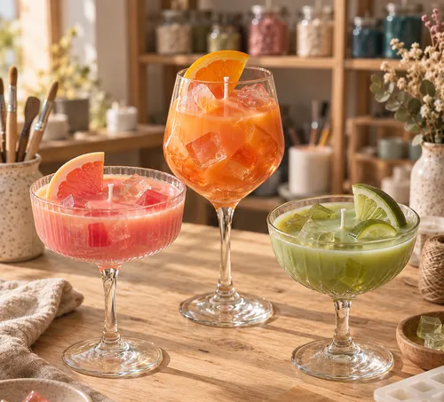 Kerzen in Form von Cocktails auf Holztisch.