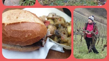 Sandwich und Frau im Weinberg-Collage.