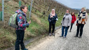 Gruppe Wanderer hört einem Führer im Freien zu.
