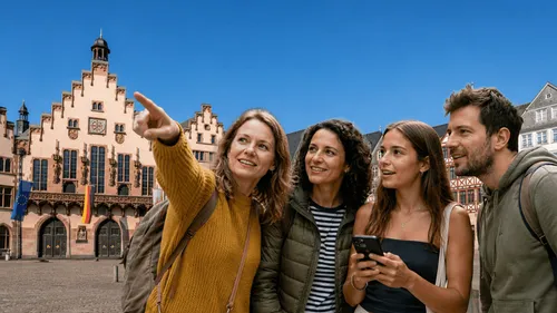 People pointing at landmark in plaza.