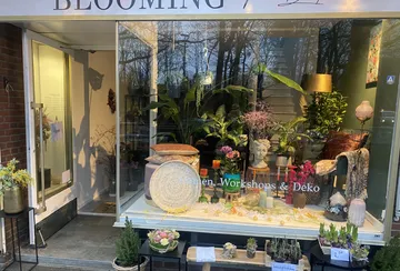 Blumenladenfenster mit Pflanzen und Dekor.