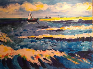 Boote segeln auf welligem, buntem Meer unter blauem Himmel.