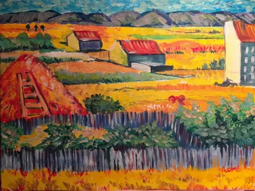 Landscape with houses, fields and a rider in the background.