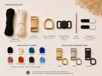 Various dog leash making materials displayed.