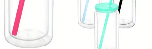 Jars with colorful lids and straws.