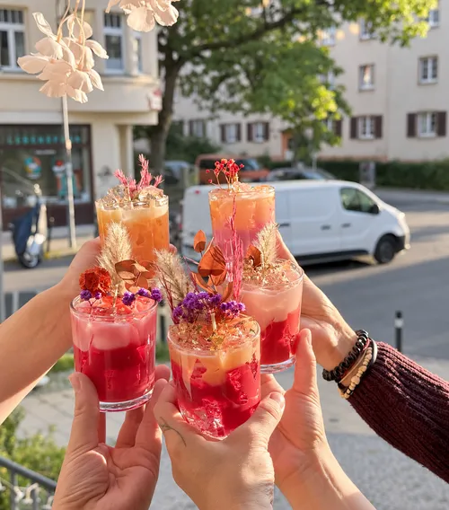 Glasses with colorful drinks outdoors.