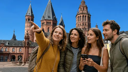 Tourists pointing near historic cathedral.