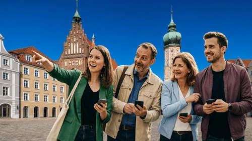 Group pointing with smartphones in historic square.