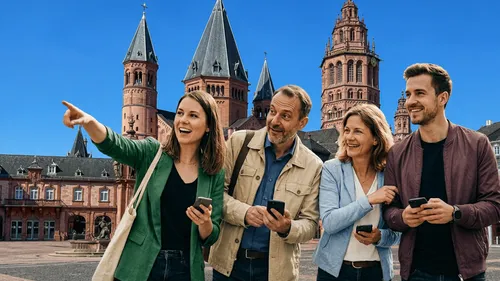 Gruppe besichtigt historische Gebäude fasziniert.