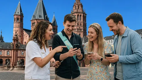 Vier Personen schauen auf Handys, lachen, draußen.