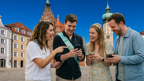 Four people laughing, using phones outside.