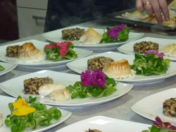Gedeckte Teller mit kreativ angerichtetem, buntem Essen.