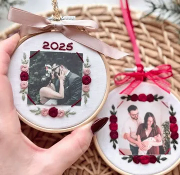 Embroidered photo hoops with couple photos.