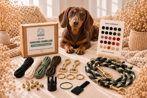 Hund mit DIY-Hundeleinen-Kit auf Tisch.