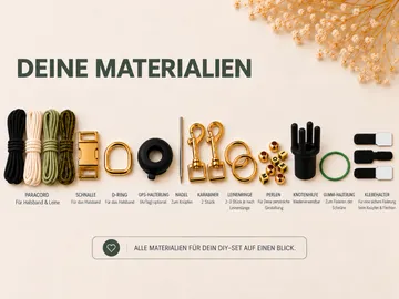 DIY-Hundeleine Materialien ordentlich angeordnet.